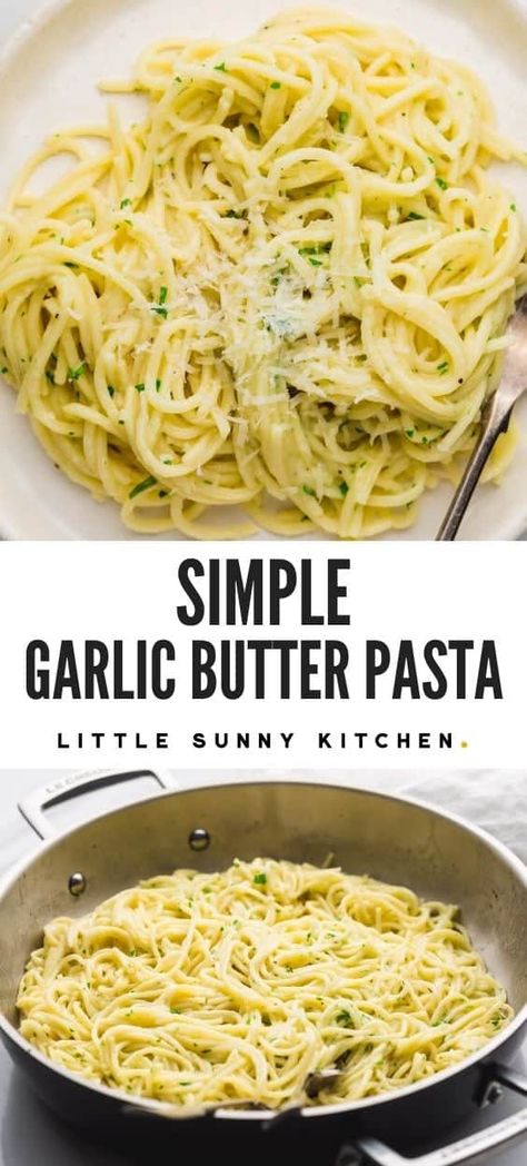 Plain spaghetti is smothered in a decadent butter garlic sauce, then topped with freshly grated parmesan and parsley. Simple and perfect garlic butter pasta in just 20 minutes! #garlicbutterpasta #butteredpasta #simplepasta Simple Noodles Recipes Garlic Butter, Spaghetti Butter Garlic Sauce, Garlic Butter Spaghetti Noodles, Chicken Pasta Recipes Easy Quick Dinner Garlic Butter, Simple Garlic Butter Pasta, Easy Garlic Pasta Recipes, Plain Spaghetti Recipes, Butter And Garlic Pasta, Plain Noodle Recipes