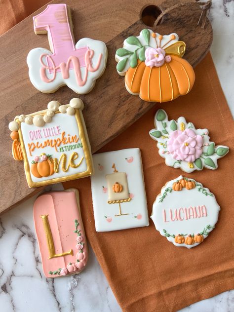 Pumpkin 1st Birthday Cookies, Pumpkin First Birthday Cookies, Pumpkin Birthday Cookies, Our Little Pumpkin Is Turning One, Fall First Birthday Girl, Pumpkin 1st Birthday Girl, First Birthday Pumpkin, Cactus Cookies, 27 Birthday