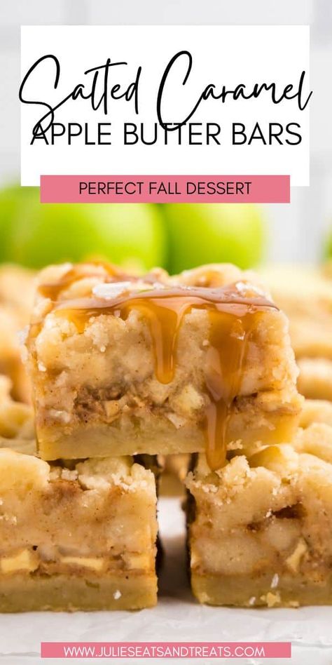 These amazing Salted Caramel Apple Butter Bars start with a delicious shortbread crust that's topped with caramel apple filling and chunks of shortbread dough on top. This is the perfect fall dessert recipe! Salted Caramel Apple Butter, Cheesecake Apples, Apple Butter Bars, Caramel Apple Butter, Oat Streusel Topping, Apple Bar Recipes, Caramel Apple Desserts, Apple Cheesecake Bars, Caramel Apple Cheesecake Bars