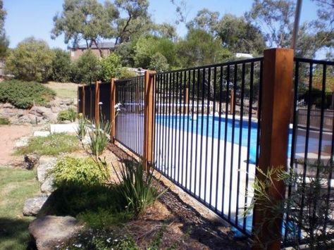 Fenced Pool Backyard, Pool Fence Ideas Inground, Pool Addition, Fence Around Pool, Aluminum Pool Fence, Pool Fences, Landscaping Pool, Black Fence, Glass Pool