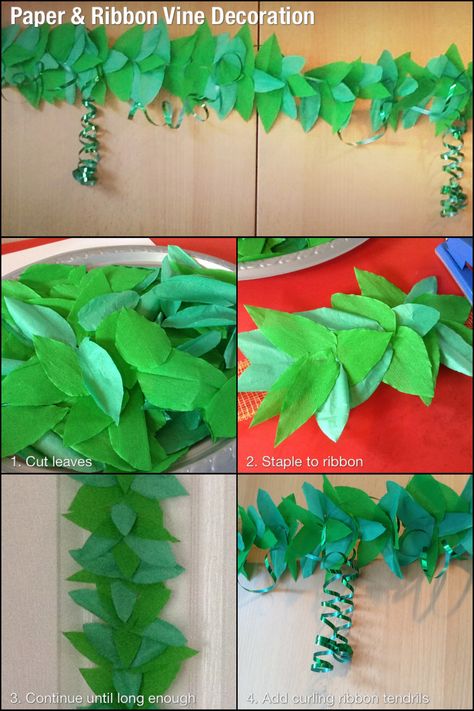 This is the vine I am going to attach the tissue paper grapes to. I used green tissue and crepe papers, cut into rough leaf shapes and stapled in groups of 5 to mesh ribbon. The mesh ribbon was saved from a flower arrangement and the green curling ribbon was left over from Christmas. Very cheap, yet very effective. Tissue Paper Vines, Diy Vines Decoration Paper, Paper Vines, Tissue Paper Leaves, Paper Vines Diy Leaf Garland, Crepe Paper Foliage, Diy Jungle Vines Brown Paper, Jungle Vines From Plastic Tablecloth, Hunting Baby Shower Theme