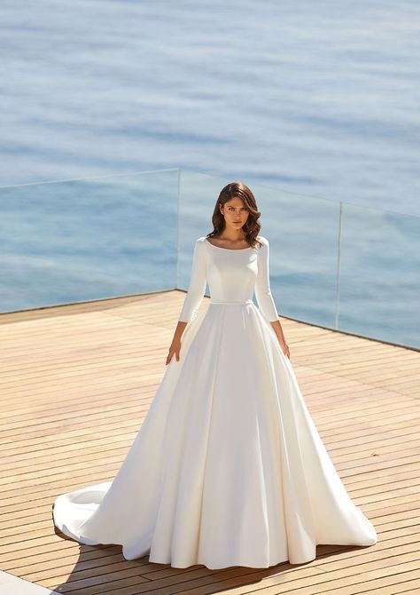 Plain Wedding Dress, Simple Wedding Gowns, Pronovias Wedding Dress, Classic Bride, Wedding Dresses Princess Ballgown, Couture Wedding Gowns, White Wedding Dress, Slip Dresses, Long Sleeve Wedding