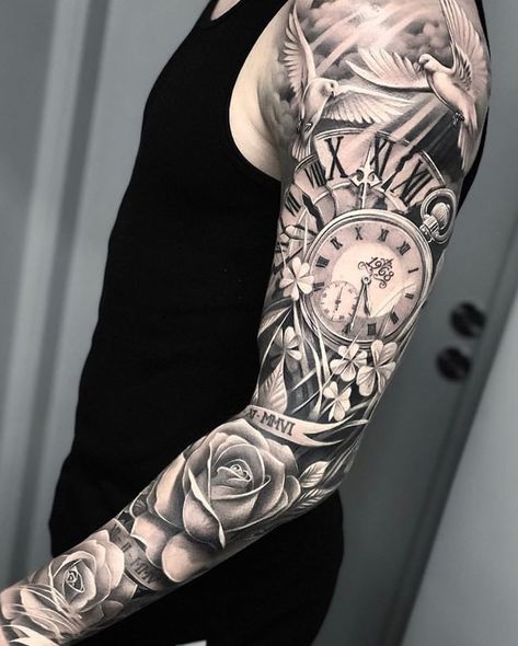 Clock Tattoo Sleeve, Tiger Tattoo Sleeve, Cool Half Sleeve Tattoos, Catrina Tattoo, Rose Tattoos For Men, Full Sleeve Tattoo Design, Men Tattoos Arm Sleeve, Full Arm Tattoos, Cool Arm Tattoos