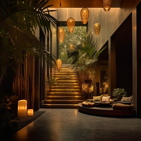 Hotel Garden Design, Tropical Lighting, Tropical Lounge, Tropical Luxury, Tropical Aesthetic, Tropical Home, Tropical Architecture, Casual Luxury, Modern Tropical