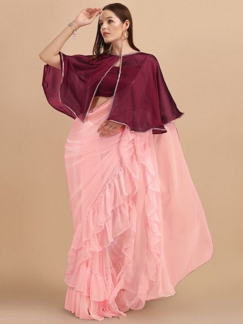 Buy Designer Pre-draped Pink Georgette Ruffle Saree With Maroon Online in India - Etsy Saree With Maroon Blouse, Saree With Cape, Weddings Receptions, Maroon Blouse, Ruffle Saree, Burgundy Blouse, Drape Saree, Cascading Ruffles, Organza Saree