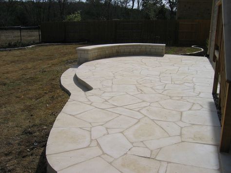 White Flagstone patio constructed by OL' Yeller Landscaping, Austin, TX. Limestone Flagstone Patio, White Flagstone Patio, Limestone Patio Ideas, White Flagstone, Cottage Courtyard, Cape Cottage, Limestone Patio, Pavers Design, Custom Water Feature