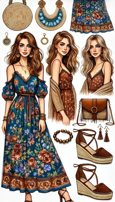 Bohemian Fashion Illustration, Modern Bohemian Outfits, Moda Hippie, Fashion Illustration Sketches Dresses, Boho Style Outfits, Sketches Dresses, Dress Design Sketches, Boho Chic Outfits, Illustration Fashion Design