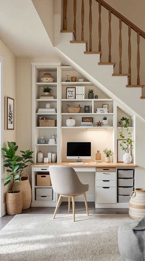 Staircase Storage Under Stairs Under Stairs Office And Storage, Built In Desk Under Stairs, Under Stairs Desk Ideas, Storage Under Stairs Ideas, Staircase Storage Under Stairs, Stair Office, Office Nook Ideas, Desk Under Stairs, Storage Under Stairs