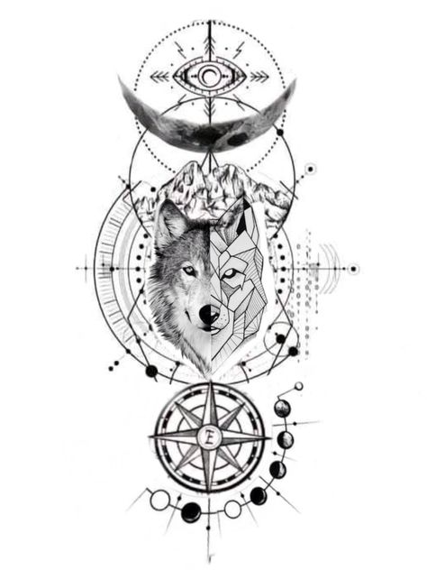 Wolf Compass Tattoo Design, Wolf Tattoo Stencil, Wolf And Moon Tattoo, Geometric Wolf Tattoo, Script Tattoo, Geometric Wolf, Compass Tattoo Design, Tattoo Script, Tattoo Stencil