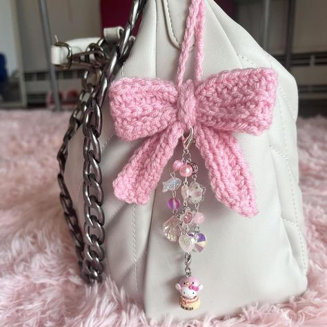 Hello kitty gotochi bow bag charm 

Bow is crocheted... - Depop Crochet Phone Charm, Crochet Bow Keychain Pattern, Star Bag Charm Crochet, Hello Kitty Gotochi, Crochet Bow Bag Pattern, Crochet Bow Bag, Ribbon Bag Charm, Bow Bag Charm, Bow Bag