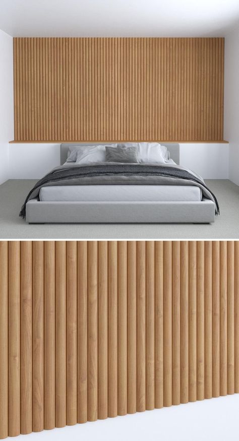 This wood accent wall has been created using dowels, each of which has been cut in half so the back is flat, which allows them to be glued to either a backing panel or to the wall itself. Half Dowel Wall, Wood Dowel Wall, Wood Slay Feature Wall, Horizontal Wood Slates Behind Bed, Half Round Wood Panel, Rounded Slat Wall, Curved Wood Wall, Rounded Wood Slat Wall, Accent Wall Design