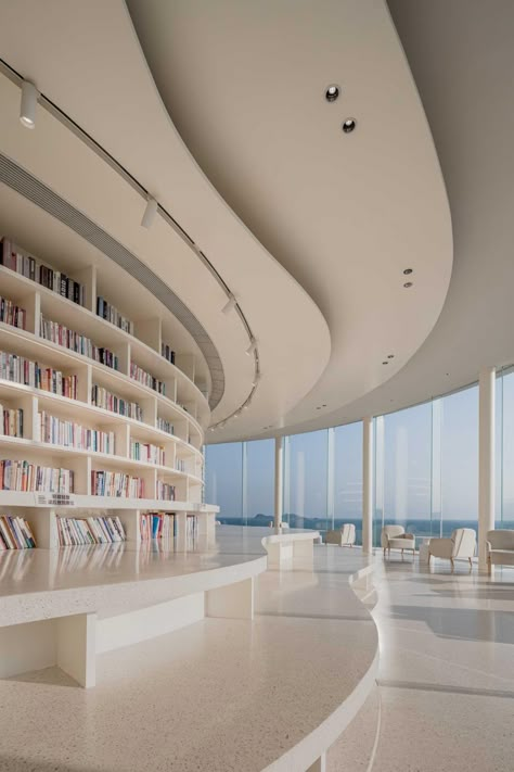 Museum Library Design, Museum Room Design, Cozy Public Library, Library Concept Architecture, Library Ceiling Design, Modern Library Architecture, Library Design Architecture, Modern Library Design, Wavy Ceiling