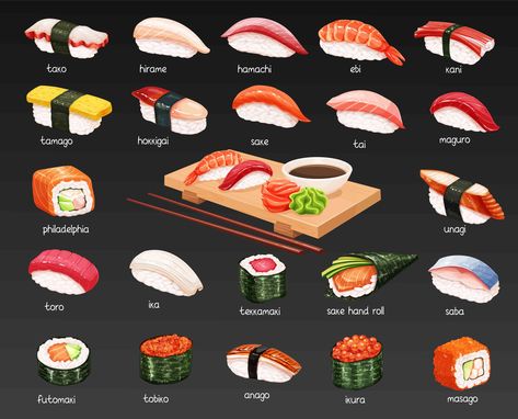 Types Of Sushi Inside Out Sushi, Vegetarian Sushi Rolls, Types Of Sushi Rolls, Different Types Of Sushi, Temari Sushi, Sushi Drawing, Salad Shop, Menu Sushi, Sushi Platte