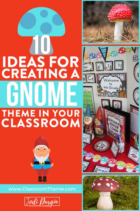 If you are a teacher that is playful and loves to garden, consider a gnomes classroom theme. This is a fun way to incorporate the outdoors and imagination into your classroom. It is the pair blend of nature and bright colors to make your classroom environment comfortable for students. Teachers love this theme because it is unique and an instant conversation starter with guests. Gnome Door Ideas For Classroom, Chillin With My Gnomies Classroom Door, Gnome Door Decoration School, Gnome Classroom Door Decoration, Mushroom Classroom Theme, Gnome Classroom Door, Magic Tree House Classroom Theme, Gnome Classroom Theme, Unique Classroom Themes