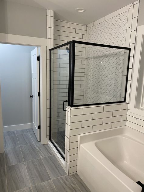 White Subway Tile Bathroom Black Grout, Subway Tile With Black Grout Bathroom, White Subway Tile Shower Black Grout, Evergreen Bathroom, Subway Tile With Black Grout, Hexagon Shower Floor, Tile With Black Grout, White Subway Tile Shower, White Subway Tile Bathroom