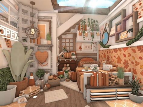 Bloxburg Cottagecore Bedroom Ideas, Cottagecore Bloxburg Room Ideas, Cottage Interior Bloxburg, Bloxburg Cottage House Ideas Interior, Cottagecore Bloxburg Bedroom, Bloxburg Fall Dining Room, Halloween Bedroom Bloxburg, Bloxburg House Ideas Cottagecore, Bloxburg Fall House Interior