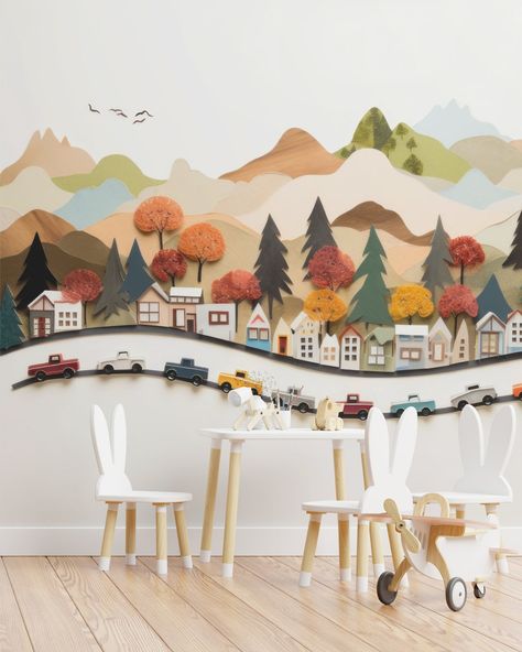 Kids Playroom Mural, Playroom Mural Ideas, Car Mural, Mural Kids Room, Kids Murals, Cars Mural, Wallpaper For Kids Room, Kids Mural, Boys Room Mural