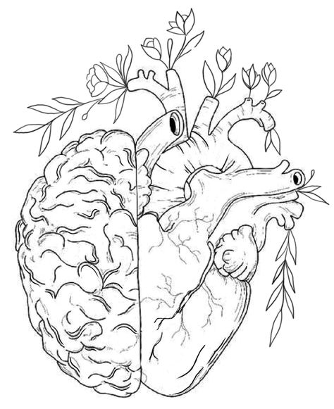 Heart And Brain Tattoo With Flowers, Aesthetic Traceable Drawings, Brain And Heart Drawing, Brain Coloring Page, Cerebro Dibujo, Brain Drawing, Heart Drawing, Pola Sulam, Hand Embroidery Projects