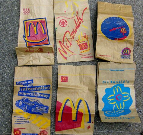 https://flic.kr/p/xMe3nh | 1990s McDonalds bags | Ive been raiding this "bagster" in my town - lots of weird stuff - there is a cranky old man across the street - so Ive been absconding with whole bags of trash and sorting them later - yesterday I got a lot of McDonalds bags 1990s Mcdonalds, Mcdonald's Aesthetic, Mcdonalds Birthday Party, 90s Stuff, Food Fast, 90s Childhood, Happy Meal Toys, Retro Recipes, Design Posters