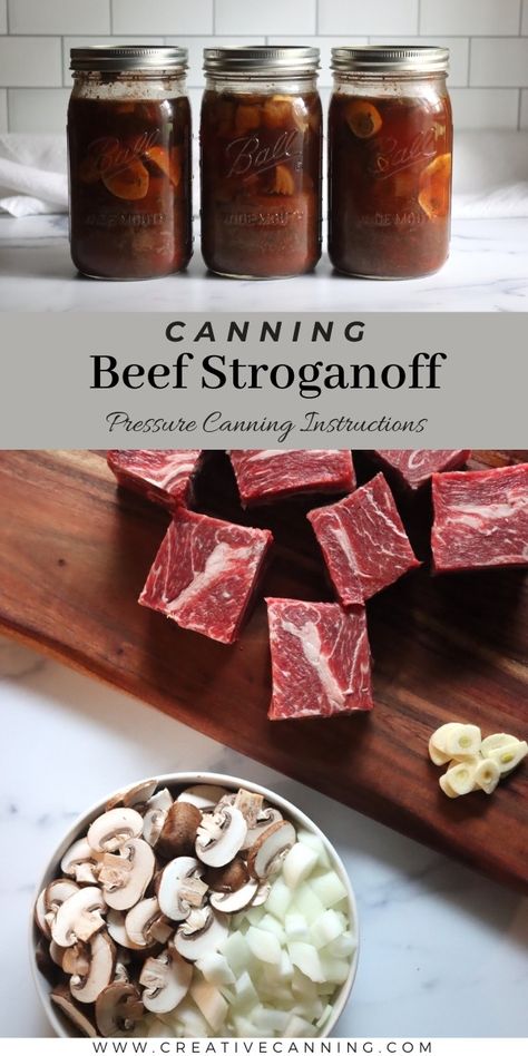 Canning Beef Stroganoff Canning Beef Stroganoff, Stroganoff With Stew Meat, Beef Stroganoff With Stew Meat, Meal In A Jar Recipes, Canning Beef Stew, Canning Beef, Pressure Canning Meat, Meal In A Jar, Beef And Mushrooms