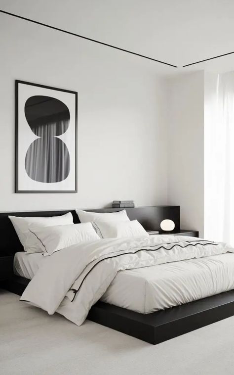 27 Black and White Bedroom Ideas Black And White Bedroom Ideas, Black Canopy Bed, Black And White Room, Black And White Bedroom, White Bedroom Ideas, Monochrome Bedroom, Black Bed Frame, Black Bed, Modern Style Bedroom