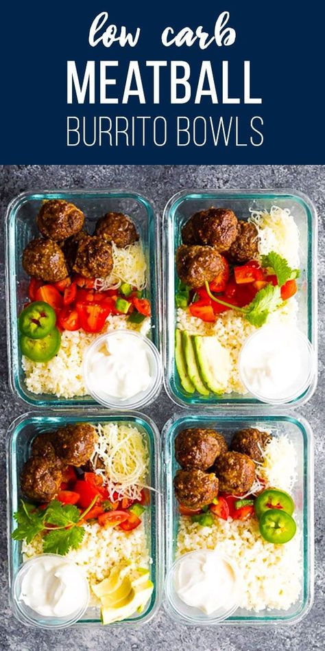 Low carb meatball burrito bowls with taco-seasoned meatballs, cauliflower rice, pico de gallo, cheese and sour cream with only 5 g net carbs per serving.  #sweetpeasandsaffron #mealprep #keto #lowcarb via @sweetpeasaffron Meatball Burrito, Healthy Burrito Bowl, Low Carb Meatballs, Low Carb Meal Prep, Burrito Bowls, Low Carb Lunch, Prepped Lunches, Meal Prep Bowls, Keto Meal Prep