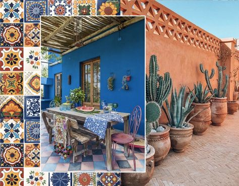 Mexican Tiles Outdoor Patio, Mexican Tiles Outdoor, Mexican Inspired Patio, Minimalist Mexican Decor, Spanish Outdoor Patio, Mexican Balcony, Mexican Style Patio, Mexican Outdoor Decor Patio, Mexican Patio Decor