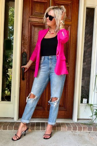 how to style jeans with a blazer | how to dress jeans up for work | how to wear distressed jeans in your 40s | distressed denim outfit | summer shorts look | floral blouse outfit Hot Pink Blazer Outfit, Distressed Denim Outfit, Summer Blazer Outfits, Summer Denim Outfits, Distressed Jeans Outfit, Pink Blazer Outfit, How To Wear Jeans, Hot Pink Blazer, Jeans Outfit Spring