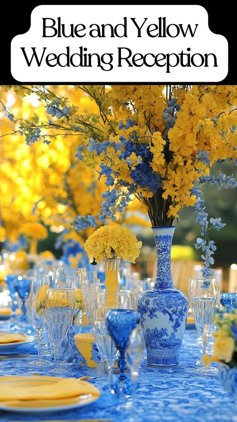 Blue and yellow wedding reception table settings with floral decor. Blue And Yellow Wedding Table Decor, Navy Blue And Yellow Wedding Theme, Royal Blue And Yellow Wedding Theme, Dusty Blue And Yellow Wedding Theme, Wedding Theme Table Settings, Yellow And Blue Wedding Theme, Dusty Blue And Yellow Wedding, Blue And Yellow Wedding Theme, Light Blue And Yellow Wedding