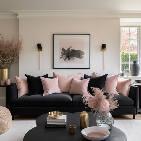 Venture into the realm of contemporary elegance with blush pink cushions paired seamlessly with deep black ones. Set against a black sofa backdrop, the play of light and dark creates a dynamic visual appeal, capturing both softness and edginess.🎨 Don't forget to use CMC10 for a special 10% discount on your next purchase. 🛋️ #cushioncover #cushion #cushions #cushioncovers #homeinspo #homedeco #urbanstyle #contemporarydesign Blush Pink Cushions, Blush Pink Living Room, Black Sofa Living Room Decor, Black Couch Living Room, Black Sofa Living Room, Sofa Backdrop, Pink Living Room Decor, Black And White Living Room, Living Room Decor Gray