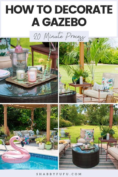 Tropical Gazebo Ideas, Outside Gazebo Decorating Ideas, Decorating Outdoor Gazebo, Backyard Gazebo Decor, Pool Gazebo Decorating Ideas, Gazebo Furniture Ideas Backyard, Styling A Gazebo, Decorating A Gazebo Backyards, Decorate Gazebo Outdoor Living