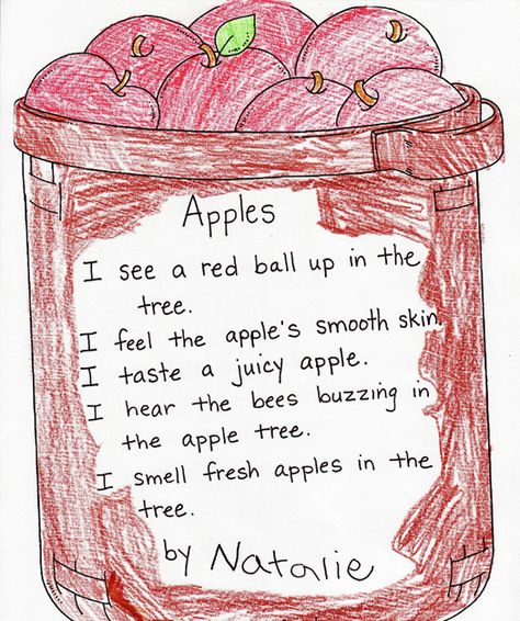 This could be a great interactive writing. Which can be taught with a lot of support and scaffolding even in preschool. Preschool Poetry, Apple Poem, Sensory Poem, Sensory Writing, Pumpkin Poem, Bubble Map, Senses Preschool, Interactive Writing, Write Poetry