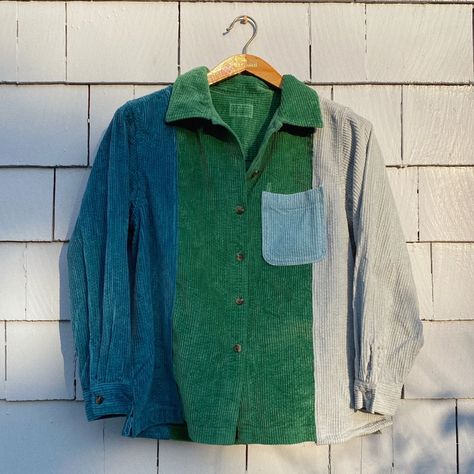 Funky & fun patchwork button up with a cool tone blue, green & silver color palette! Upcycled & reworked with hand me down corduroys ♻️ A perfect layering piece Fall through Spring 🌸 #sustainablefashion #slowfashion #thriftflip #corduroy #fallfashion #autumnoutfit #textileartist Green Silver Color Palette, Patchwork Button Up, Silver Color Palette, Thrift Flip, Autumn Outfit, Textile Artists, Upcycled Vintage, Cool Tones, Layering Pieces