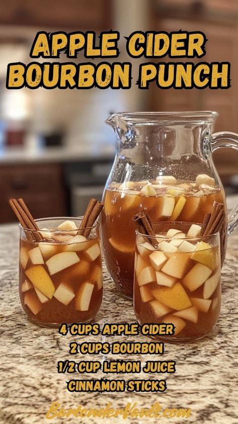 34 Amazing Fall Cocktails: Full Recipes for a Festive Autumn 30 Thanksgiving Bourbon Punch, Fall Punches Alcoholic, Fall Drinks Non Alcoholic, Apple Cider Cocktails Fall, Apple Cider Drinks Alcohol, Football Cocktails, Cider Alcohol Drinks, Spiked Cider Recipes, Drinks With Alcohol