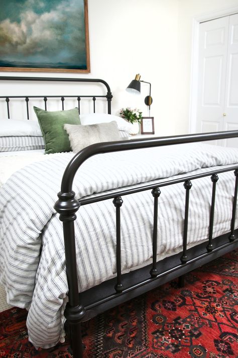 That's a Wrap on Guest Room 2.0 - Chris Loves Julia Black Metal Bed, Stripe Bedding, Modern Farmhouse Bedroom, Farmhouse Master, Iron Bed, Metal Bed, Ticking Stripe, Metal Bed Frame, Farmhouse Bedroom