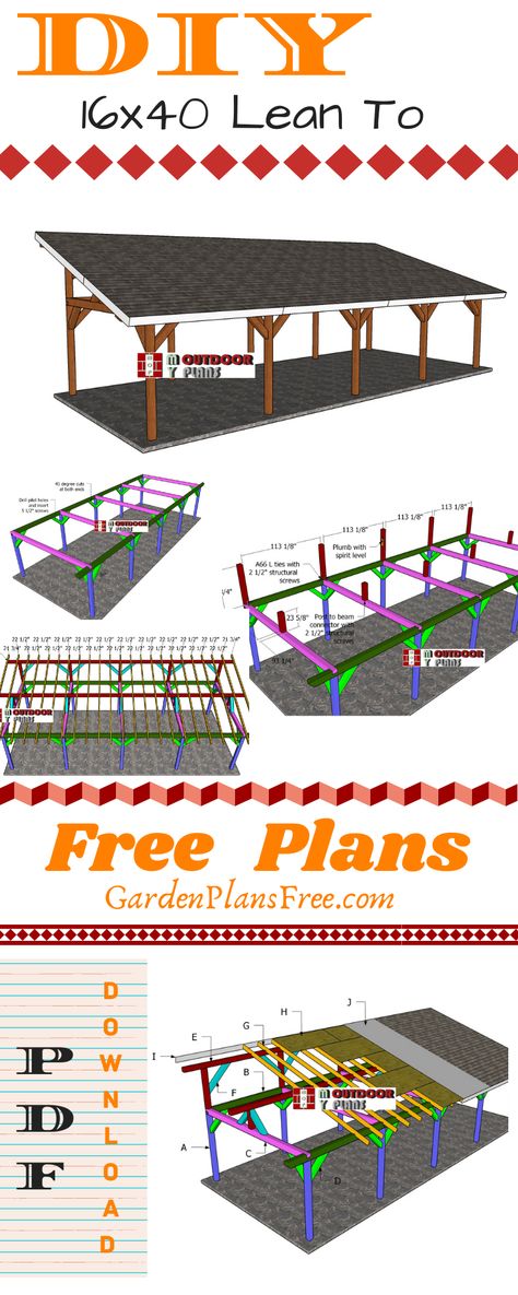 This is a step by step project on how to build a 16x40 pavilion with a lean to roof. The structure is sturdy and it features a sturdy structure. Full CUT list. PREMIUM Plans also available. PDF download. #pavilion #gazebo #largeleanto Lean To Pavilion, Lean To Carport, Building A Carport, Concrete Outdoor Kitchen, Diy Carport, Carport Patio, Lean To Roof, Pavilion Plans, Diy Gazebo