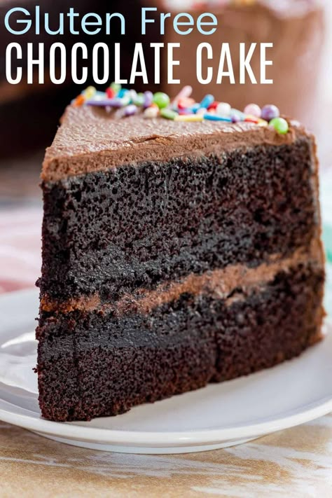 Gluten Free Chocolate Cake - the ultimate gluten free cake recipe, you won't believe how unbelievably decadent it is, especially with rich chocolate frosting! Nobody will ever believe it is gluten free. And it's easy to make as a layer cake or a snack cake in a sheet pan. Chocolate Cake Cupcakes, Gluten Free Chocolate Cake Recipe, Mud Cake Recipes, Homemade Chocolate Frosting, Gluten Free Cake Recipe, Gluten Free Chocolate Cake, Easy Gluten Free Desserts, Homemade Chocolate Cake, Chocolate Layer Cake