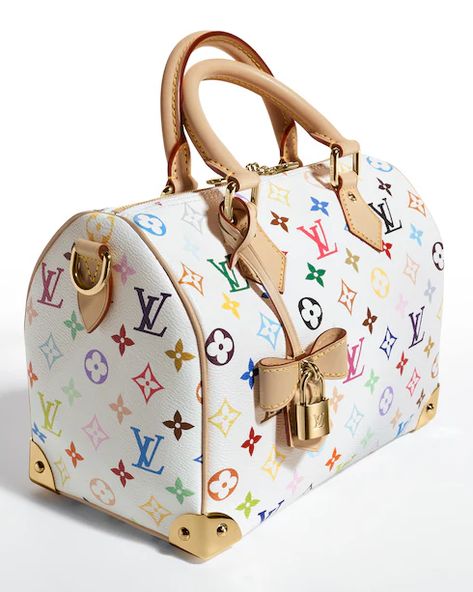 The Speedy Bandoulière 25 handbag makes a spirited statement in the Louis Vuitton x Murakami collection's vibrant version of the iconic Monogram motif, which is refreshed with the Japanese artist’s signature pop-colored palette. This classic design is detailed with two Toron top handles and a removable adjustable strap in natural cowhide leather, as well as a playful bow-shaped LV x TM keybell. A golden padlock and corner details nod to the House’s emblematic travel trunks.

19 x 15 x 25 cm
( Height x Width x Length )

Multicolored

Monogram coated canvas

Cowhide-leather trim

Textile lining

Gold-toned hardware
Double zipper closure
Inside flat zipped pocket
Padlock
Keybell
Fits: smartphone, keys, lipstick, Zippy wallet
Strap: Removable, not adjustable
Strap Drop: 44.0 cm
Handle:double