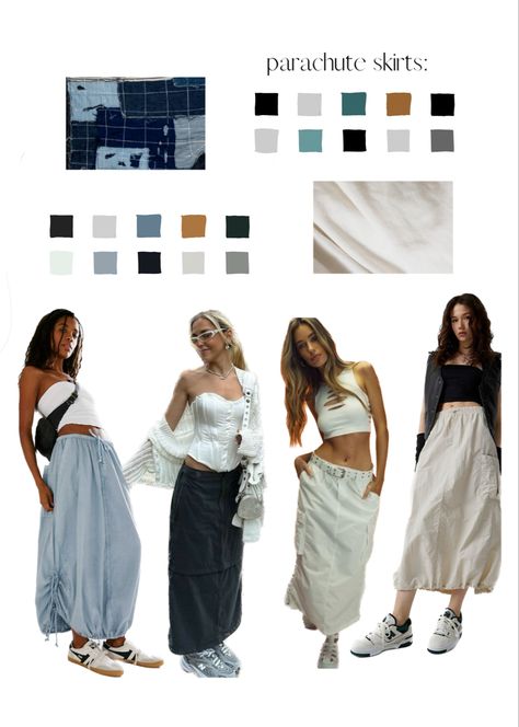 Neutral (white, blue, green, grey, gray, brown) parachute skirt outfit inspiration and color palette for chill and casual days. Parachute Skirt Outfit, Parachute Skirt, Skirt Inspiration, Skirt Outfit, Trendy Style, Style Board, Skirt Outfits, Trendy Fashion, Outfit Inspirations