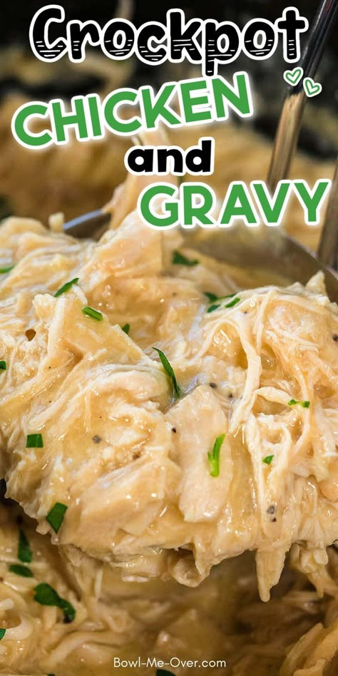 A close up to shredded chicken and creamy sauce with Pinterest overlay. Chicken Gravy And Biscuits, Crockpot Chicken And Gravy, Summer Crockpot, Chicken Gravy Recipe, Chicken And Gravy, Slow Cooker Meal, Chicken Breast Crockpot Recipes, Serve Over Rice, Crockpot Chicken Breast