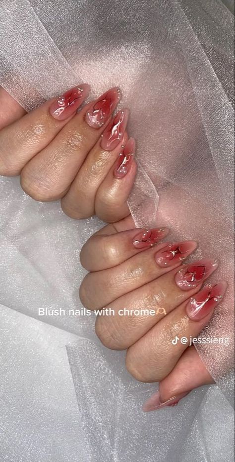 Jell Acrylic Nails, Korean Jelly Nails Acrylic Almond, Red Y2k Nails Almond, Asian Nails Red, Red Translucent Nails, Douyin Nails Oval, Kali Uchis Aesthetic Nails, Blush Nails With Design, Douyin Valentine Nails