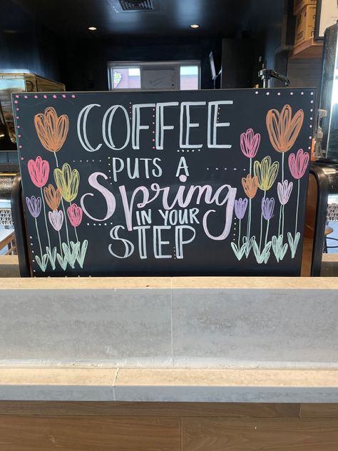 Spring Themed Chalkboard, Starbucks Welcome Sign, Spring Coffee Shop Signs, Spring Coffee Chalkboard Art, Coffee Shop Chalkboard Art, Coffee Shop Window Art, Spring Starbucks Chalkboard Art, Starbucks Spring Chalkboard, Coffee Shop Chalkboard Signs