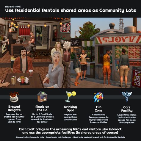 New Lot Traits : Use Residential Rentals shared areas as Community Lots Sims 4 City Living, San Myshuno, Sims 4 Challenges, Play Sims, Casas The Sims 4, Sims 4 Gameplay, High School Years, A Little Life, Best Sims