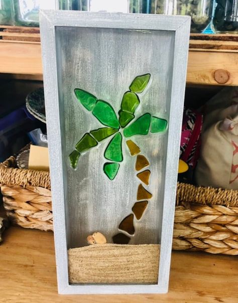 Palm Tree Sea Glass Art, Sea Glass In Resin, Sea Glass Palm Tree, Sea Glass Display, Palm Tree Shadow, Sea Glass Resin, Florida Crafts, Hawaii Beach House, Seashell Shadow Boxes