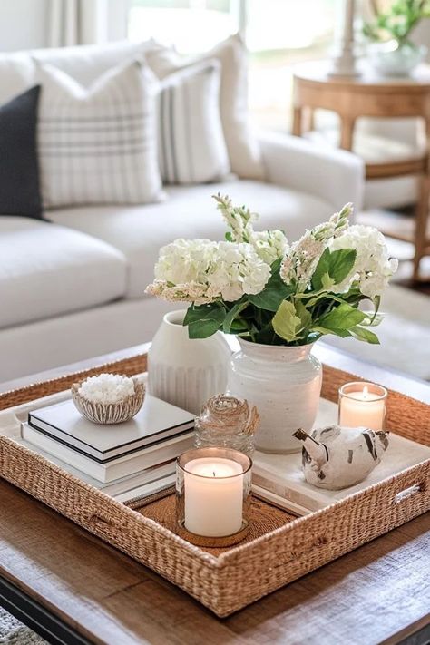 "Add a touch of elegance with Decorative Tray Styling! 🛋️✨ Perfect for organizing and displaying your favorite items in style. 🌟✨ #TrayStyling #HomeDecor #InteriorInspiration" Display Tray Ideas, Center Table Tray Decor, Large Ottoman Tray Decor, Large Ottoman Tray Decor Ideas, Coffee Table Decor Aesthetic, Styled Coffee Table, Ottoman Decor Living Room Tray, Table Basket Decor, Living Room Ottoman Decor