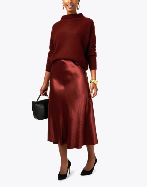 Wine Red Skirt Outfit, Red Silk Skirt Outfit, Satin Midi Skirt Outfits, Midi Skirt Outfit Winter, Red Satin Skirt, Cinnamon Red, Satin Skirt Outfit, Satin Slip Skirt, Wrap Shirt Dress