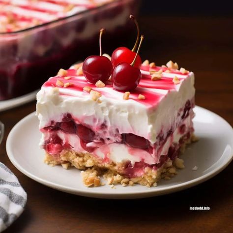 Cherry Cheesecake Lush | InesKohl Kitchen Cherry Cheesecake Lush, Cheesecake Lush, Ineskohl Kitchen, Lush Recipes, Vanilla Wafer Crust, Kentucky Butter Cake, Chocolate Cobbler, Cherry Filling, Cherry Desserts