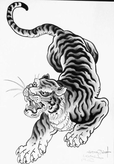 Traditional Tiger Tattoo, Tato Tradisional, Japanese Tiger Tattoo, Tattoo Japanese Style, Tattoo Black And White, Japanese Tiger, Tiger Tattoo Design, Japan Tattoo Design, Traditional Tattoo Sleeve