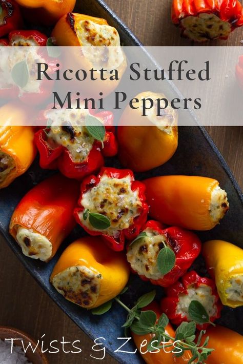 Ricotta Stuffed Mini Peppers, Late Summer Appetizers, Crabby Snacks, Mini Peppers Stuffed, Enchilada Stuffed Peppers, One Bite Appetizers, Moms 60th, Mini Peppers, Mini Sweet Peppers