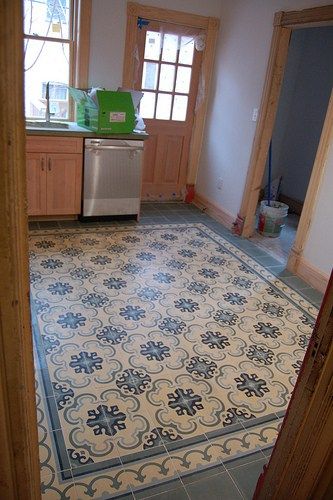 Cement Tile Kitchen Floor, Cement Tiles Kitchen, Kitchen Floor Tile Design, Mission Tile, Floor Tiles Design, Kitchen Floors, Tiles Kitchen, Border Tiles, Floor Tile Design